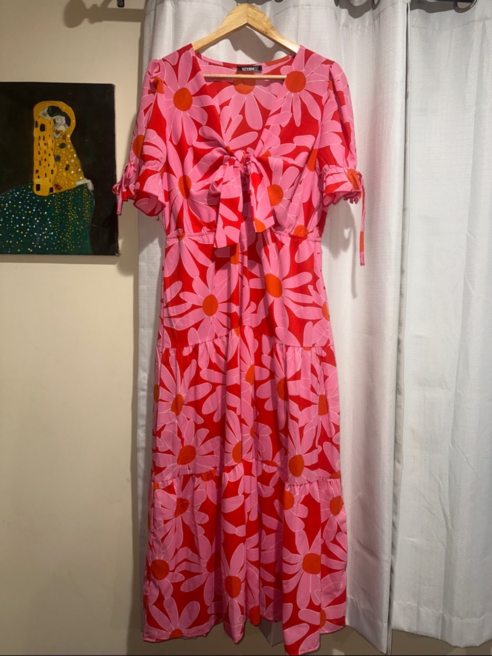 Red and Pink Floral Tie-Front Maxi Dress
